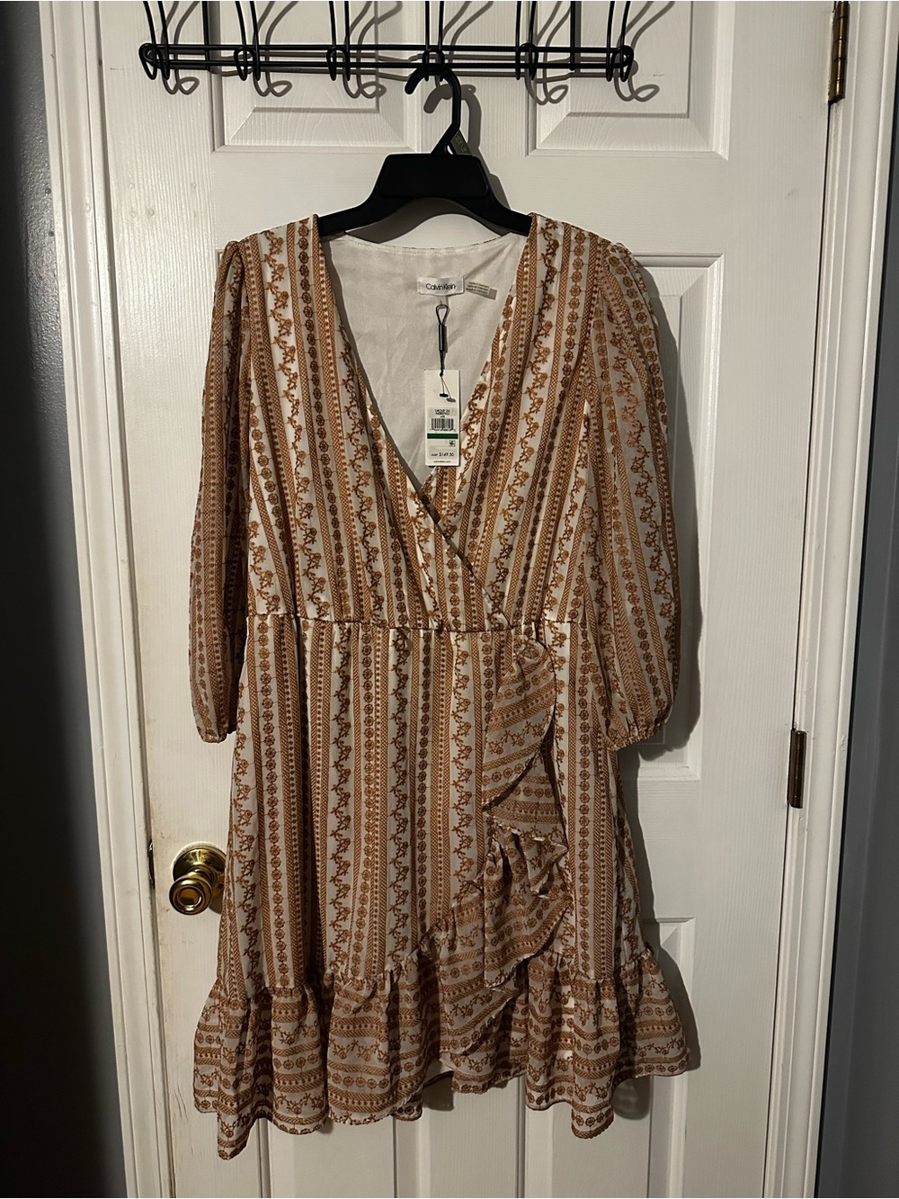 Calvin Klein Cream & Brown Patterned Wrap Midi Dress